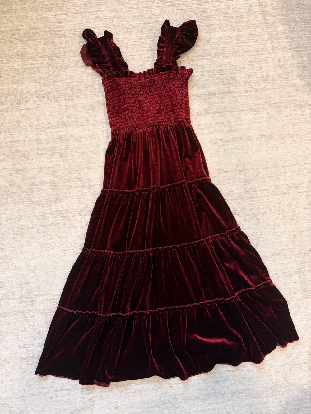 Girls Velvet Burgundy Tiered Dress with Ruffle Straps